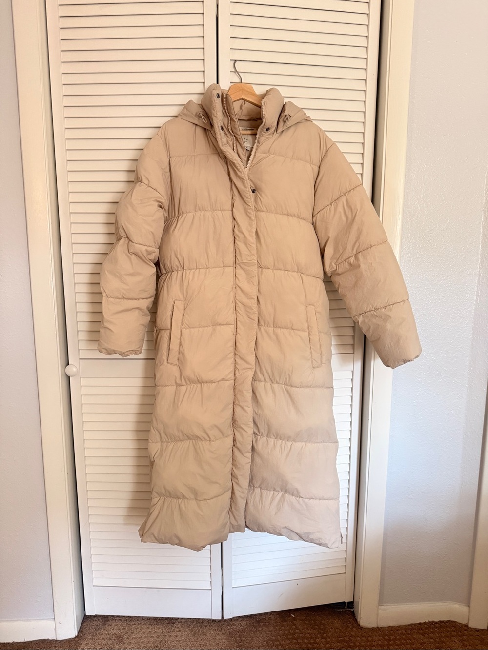 a new day Long Beige Hooded Puffer Coat
